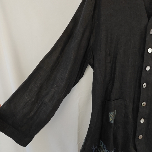 VTG Blue Fish RARE 100% Linen Hand Printed Coral Button Up Black Shirt Size 1 - Picture 5 of 15